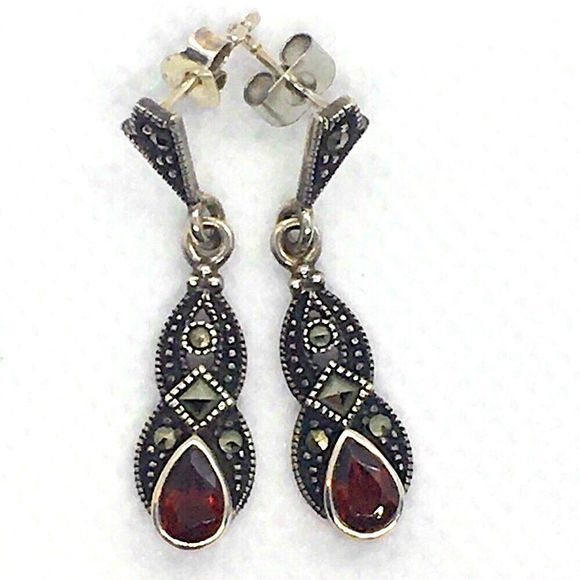 Red Garnet Sterling Silver Marcasite Drop Earrings - Picture 1 of 6